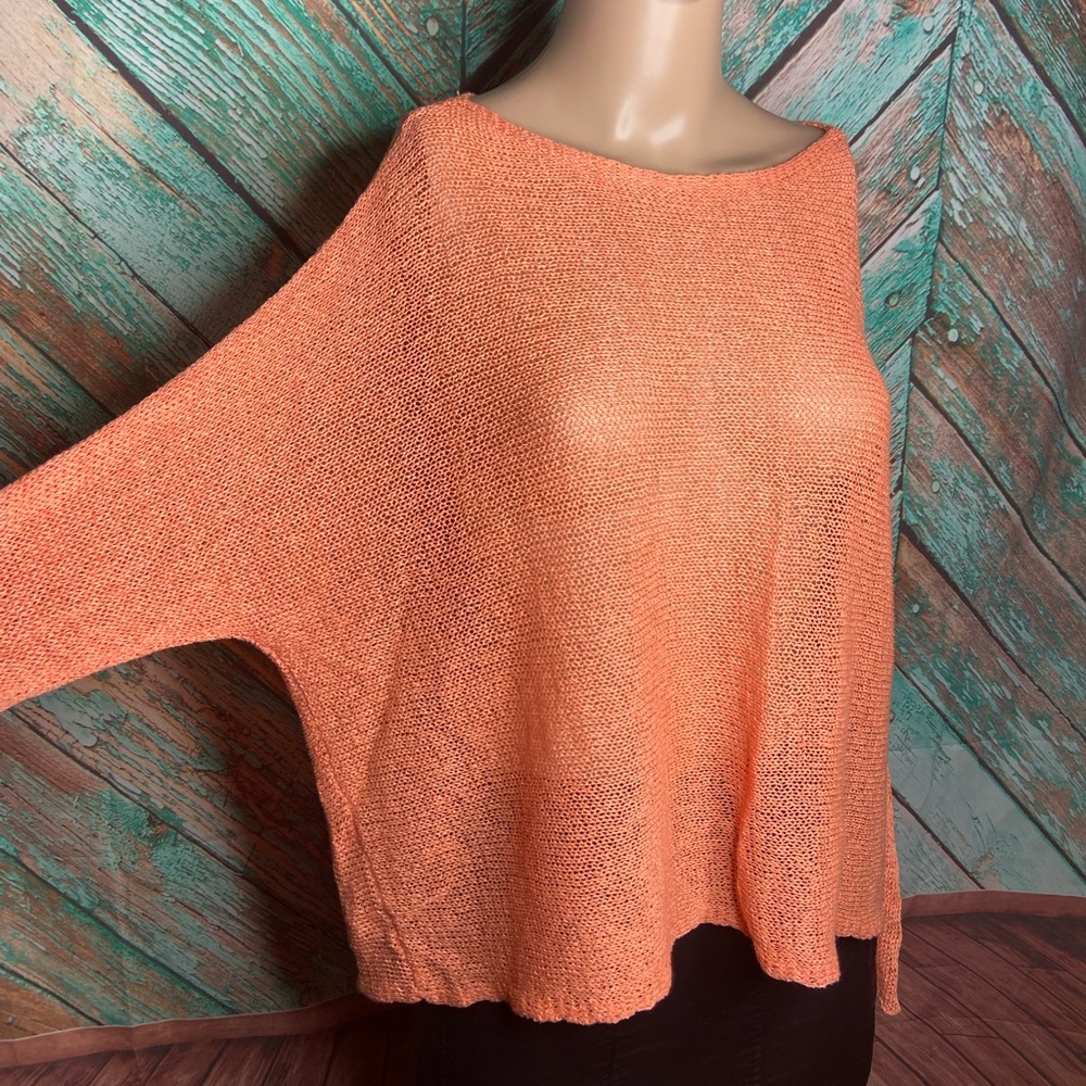 Eileen Fisher Orange Sherbet Sheer Linen Blend Open Weave Sweater - Picture 4 of 8
